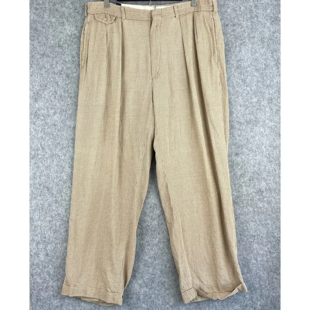 VTG Polo Ralph Lauren Pants Mens 35x27 Beige Houndstooth Cuffed Pleated 80s USA